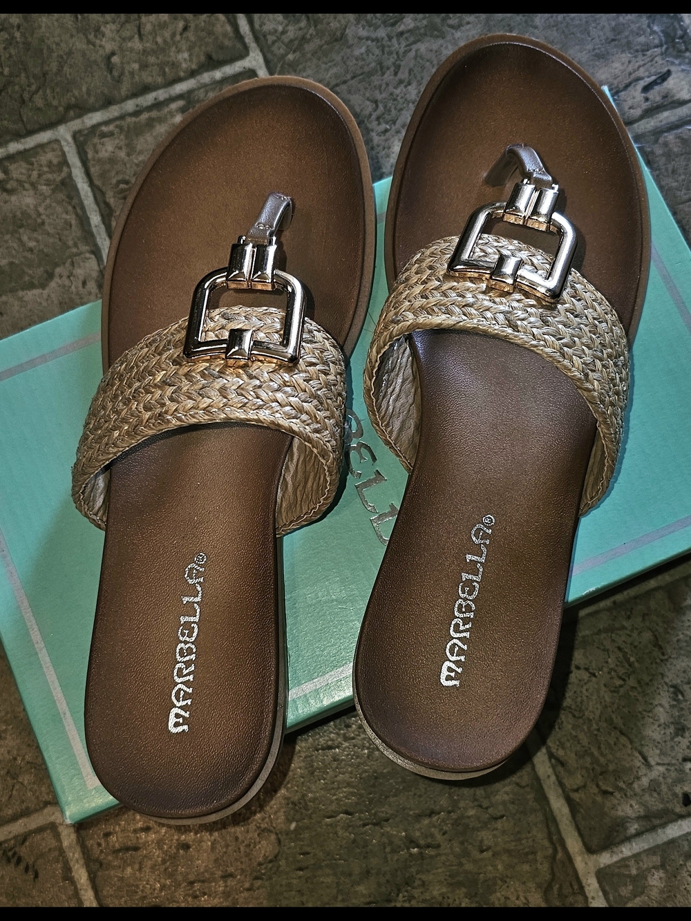 Size 8 MARBELLA Braided Tan Slide Sandals with Decorative Buckle
